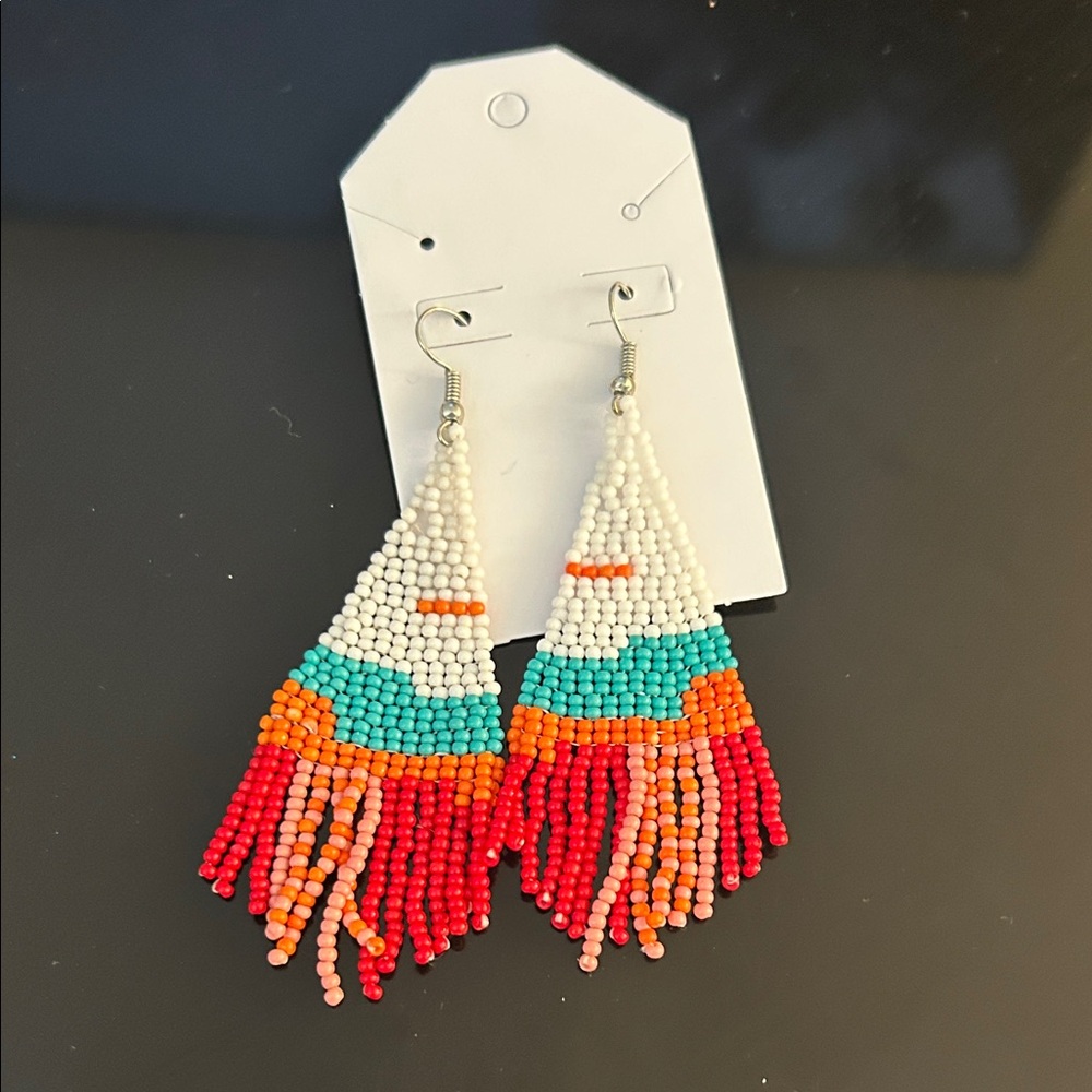 Handmade White, Turquoise & Coral Beaded Fringe Earrings
